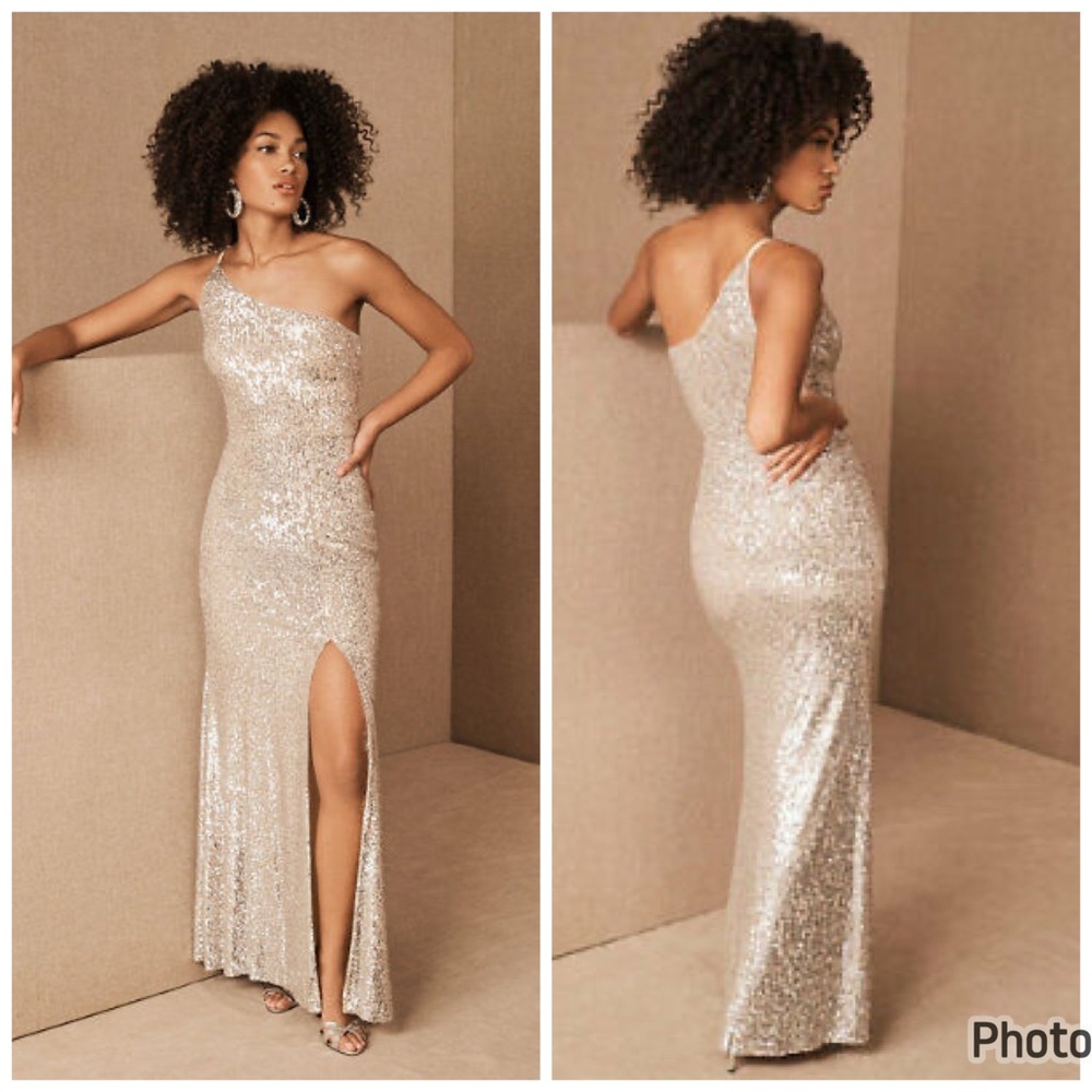 Anthropologie BHLDN Caspian Dress Sequin Maxi Slit‎ One Shoulder Silver Beige 16
